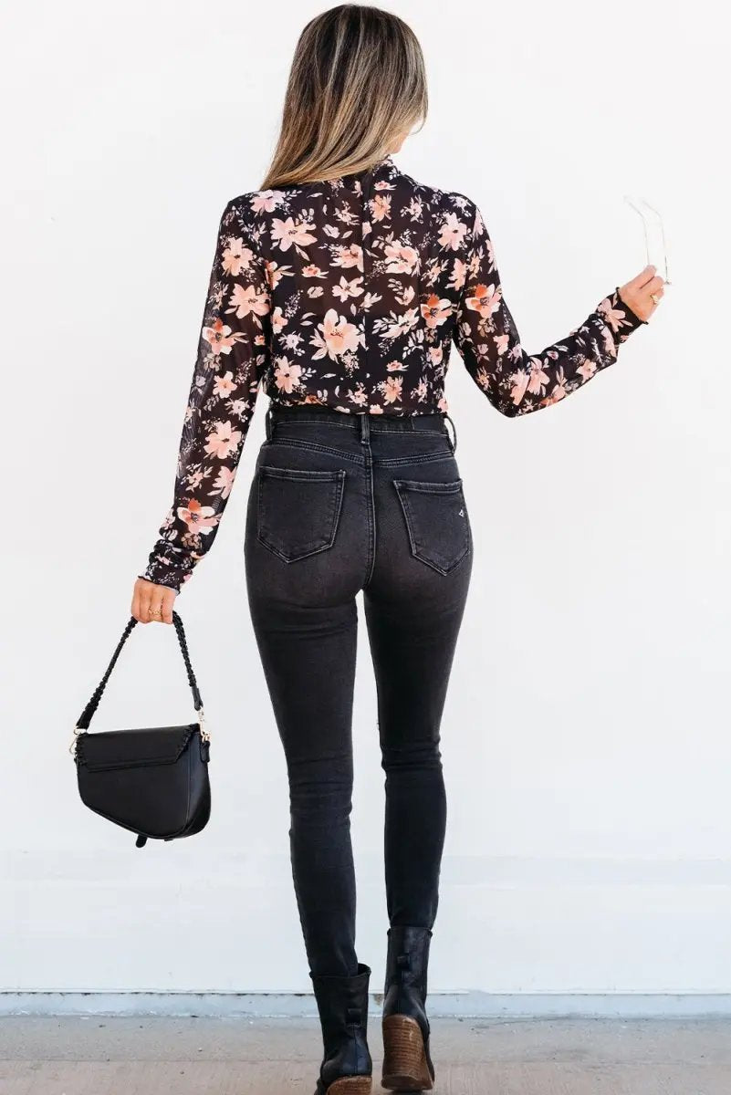 Black Floral Mesh Mock Neck Long Sleeve Slim Fit Top - Love Salve